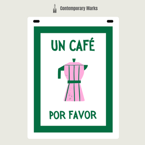 Sign with text 'Un café por favor' and a pink dress illustration on a white background.