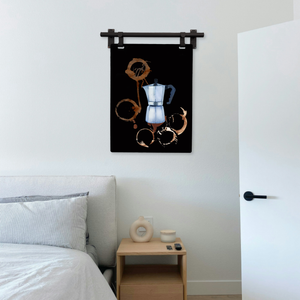 minimalist coffee spill moka pot artwork in a bedroom