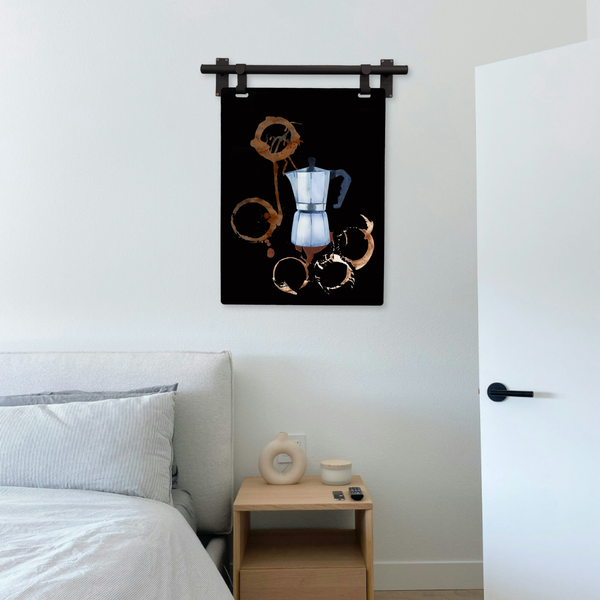 minimalist coffee spill moka pot artwork in a bedroom