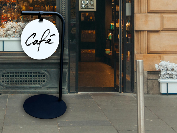 Contemporary style sidewalk street cafe sign in black frame with white plate