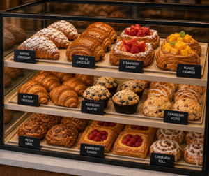 Pastry Display case with various pastries and counter display signs showing their names in a bakery.