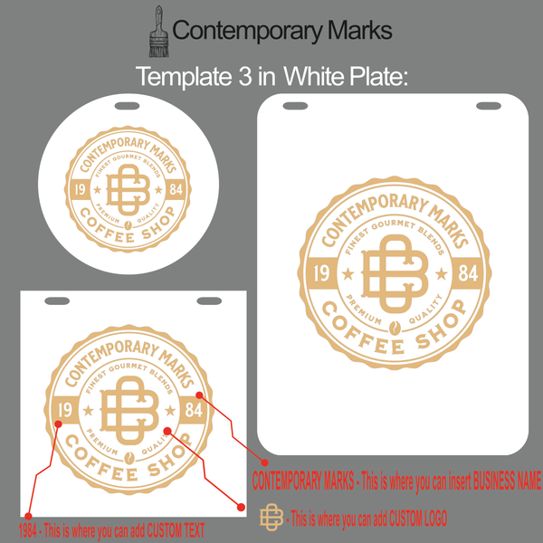 Contemporary Marks pre-set templates for customized coffee logo signs in white chalkboard plate