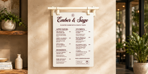 Restaurant hanging menu signtitled 'Ember & Sage' on a beige wall with indoor decor.