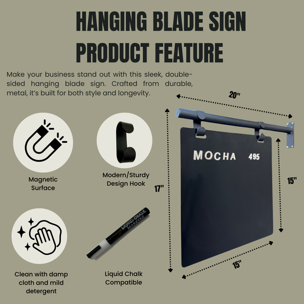 Hanging blade sign product feature for black frame in black board
