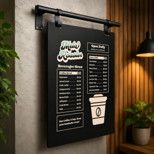 Hanging Menu board for a coffee shop with a dark background and white text, featuring a coffee cup icon.