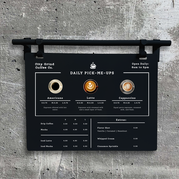Contemporary Marks Landscape Hanging Menu Coffee Daily Sign - Black on Black