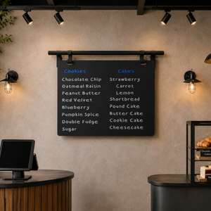 Bakery interior with a landscape hanging chalkboard menu displaying cookie and cake options.