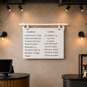 Hanging Menu board with options for cookies and cakes on a wall with lighting fixtures on the sides.