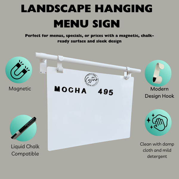 Modern Landscape Menu Board Product Features - White Frame with White Board