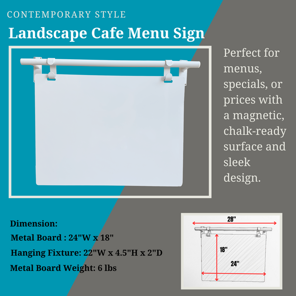 Contemporary Marks Landscape Cafe Menu Sign Dimension Reference - White Frame on White Board