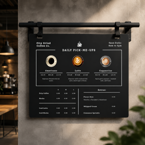 Landscape Coffee shop hanging menu board with drink options and prices on a concrete wall.