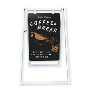 A cafe sign with 'Coffee Break' promotion on a white background