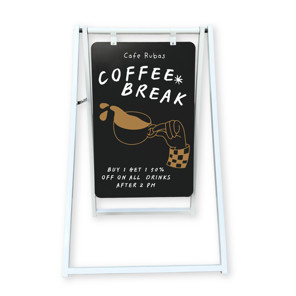A cafe sign with 'Coffee Break' promotion on a white background