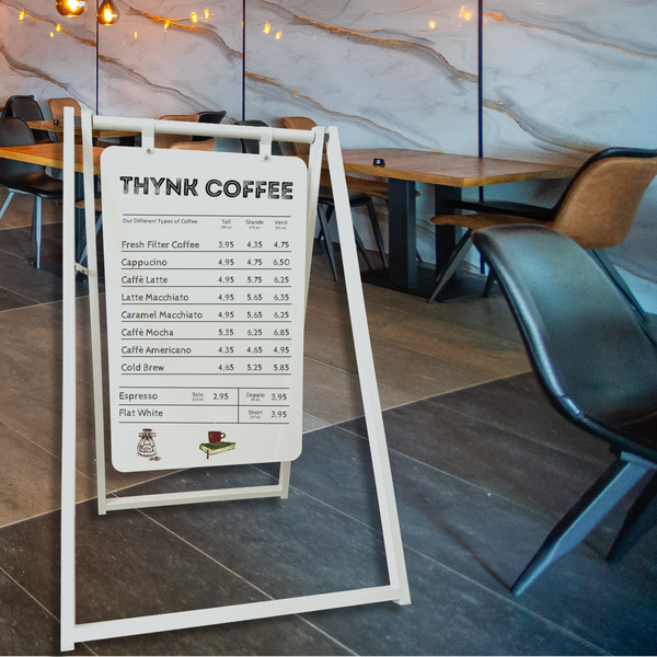 Contemporary Marks Modern Minimalist Business Sign with Coffee Menu in White frame with white board