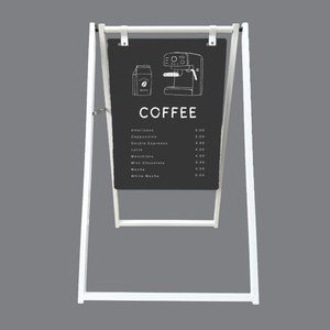 A-frame sign with coffee menu on a gray background