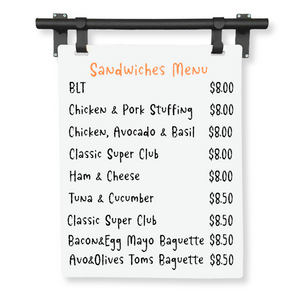 Contemporary Marks Hanging Menu Sign Sandwiches Menu - Black Frame with White Board