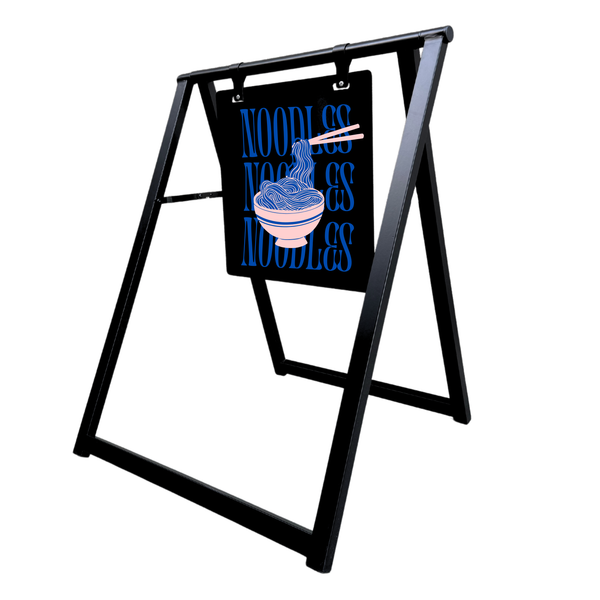 Black a-frame sign with 'Noodles' text and graphic on a white background