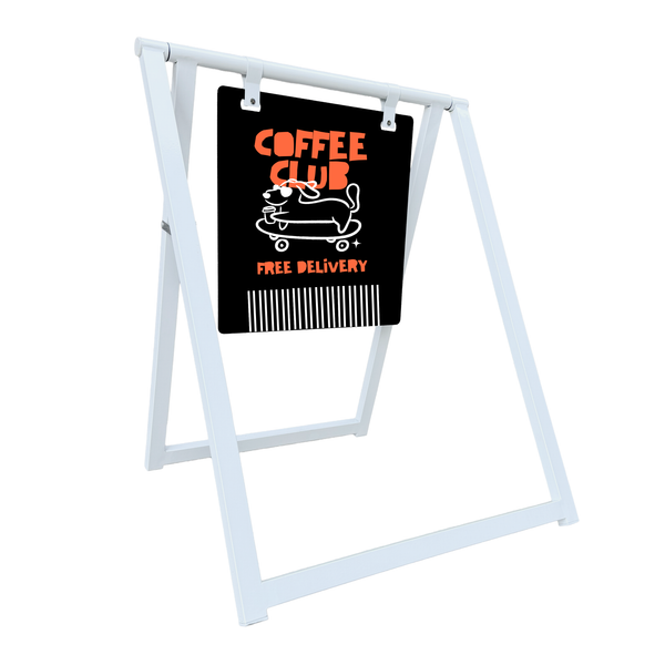 White a-frame sign with a coffee club on metal board on a white background