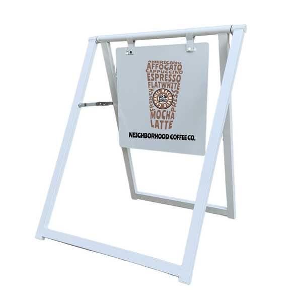 Outdoor sign for Neighborhood Coffee Co. with coffee-related text on a white background