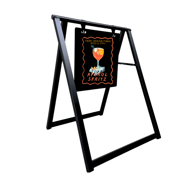 Black metal a-frame sign holder with a digital display