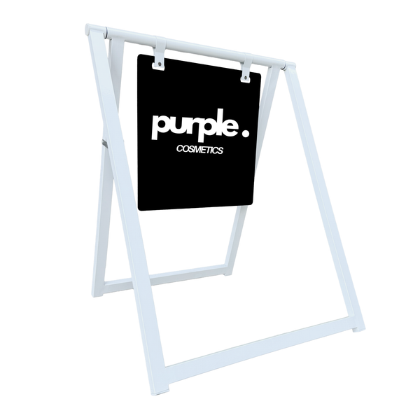 Street sign with 'Purple Cosmetics' logo on a black background