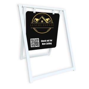 Contemporary modern sign with a luxury estate logo and QR code on a white background