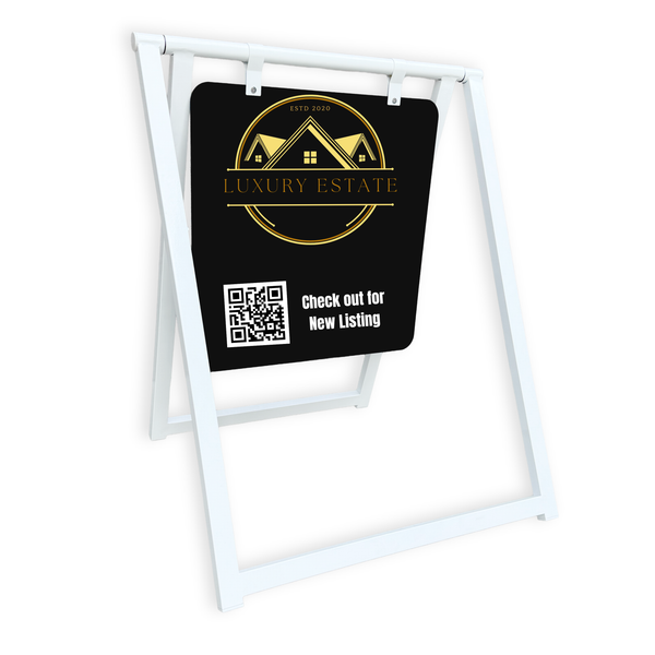 Contemporary modern sign with a luxury estate logo and QR code on a white background