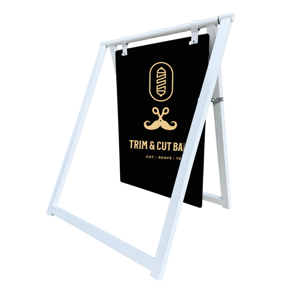 A-frame sign for Trim & Cut Bar with logo and text on a white background
