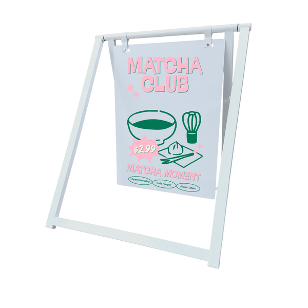 A-frame sign for Matcha Club with tea graphics and pricing on a white background