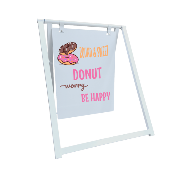 White a-frame sign with donut illustration and text on a white background