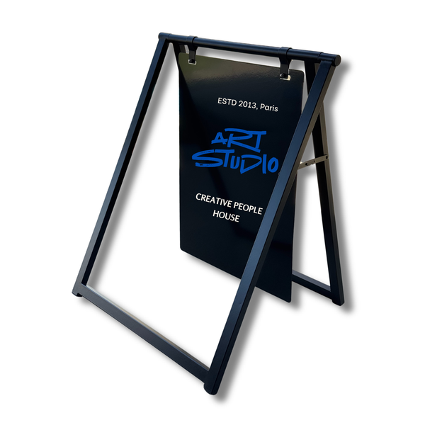 Black retail sign with blue and white text on a white background