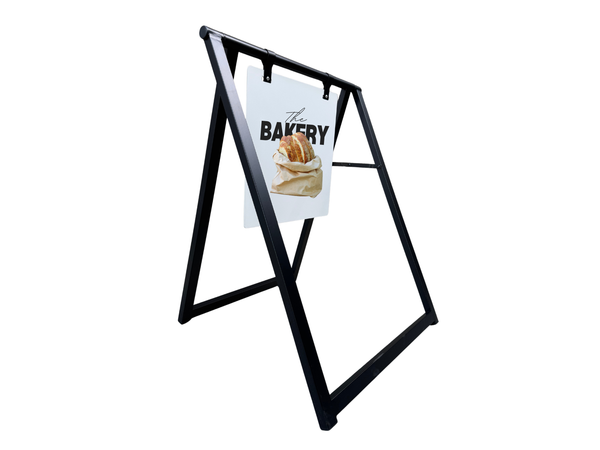 Street Cafe Sign Black metal a-frame sign with a bakery-themed plate on a white background