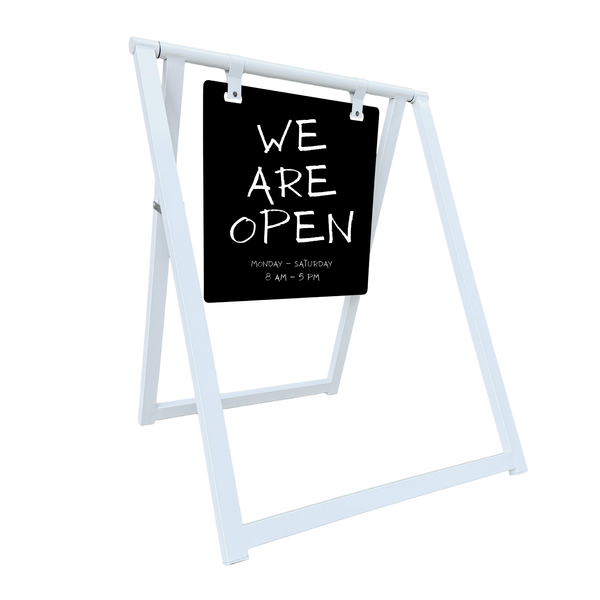 White retail a-frame sign with 'WE ARE OPEN' text