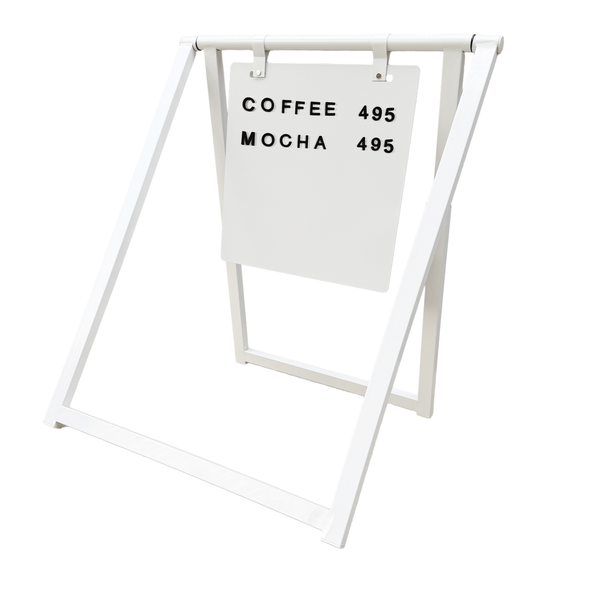 White business a-frame magnetic surface sign with coffee pricing