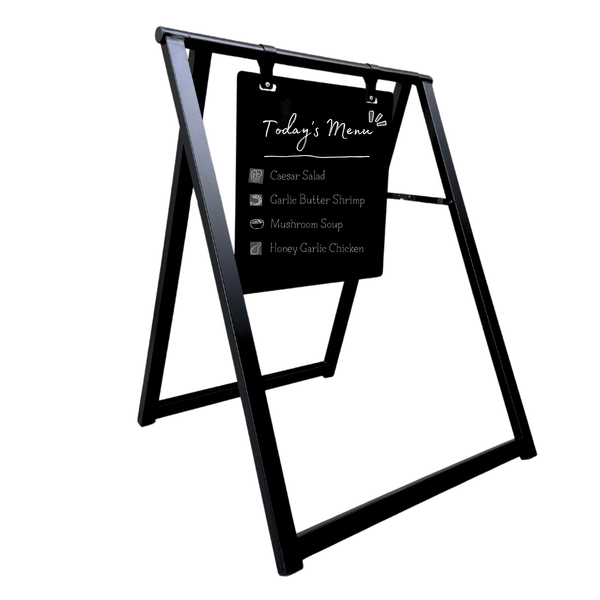 Black chalkboard a-frame sign with a menu on a white background