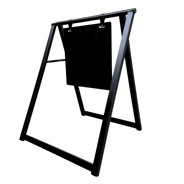 Minimalist Black metal a-frame sign holder on a white background