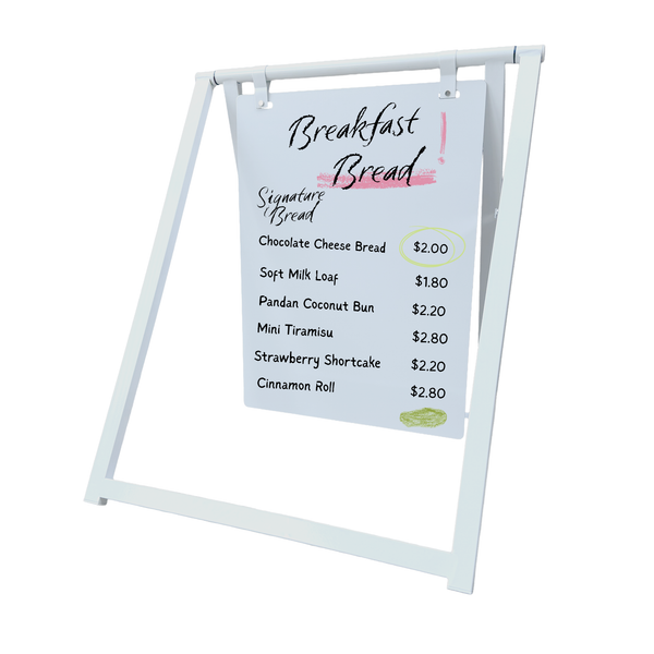 Menu sandwiches board with breakfast bread items and prices on a white background
