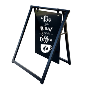 Black stand along business sign with white text and coffee cup graphic on a white background