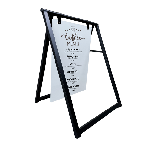 Black sandwiches board sign with a coffee menu in black frame with white board