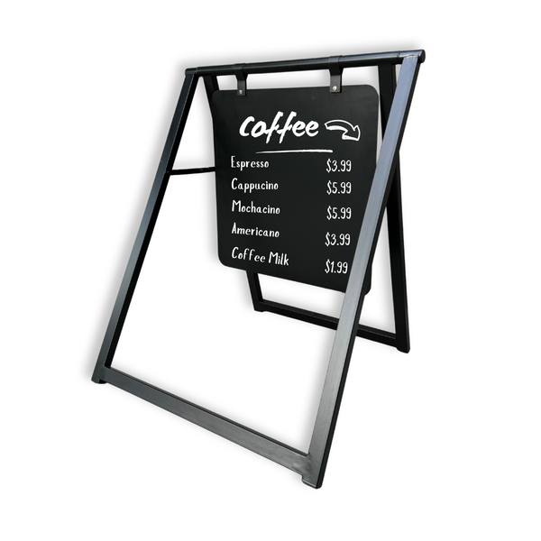 Outdoor black magnetic chalkboard cafe menu board with coffee prices on a white background