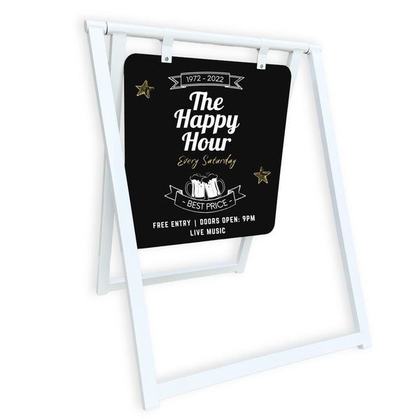 A-frame metal sign with 'The Happy Hour' promotional text on a white background
