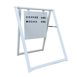 White minimalist street sign with coffee menu and dollar amount