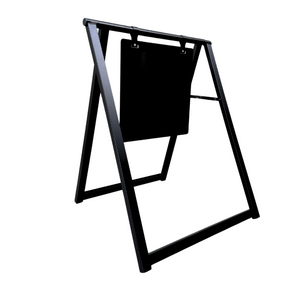A black metal A-frame sign with a white acrylic board displaying text, set against a white background.
