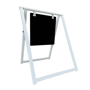 A white metal cafe sign with a black chalk board 