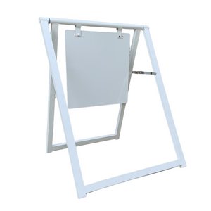 A white metal A-frame sign with a white acrylic board