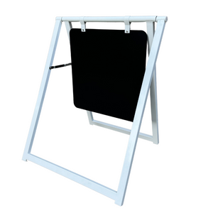A white metal A-frame sign with a black magnetic board 