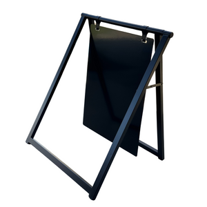 A black metal A-frame sign with a chalkboard sign 