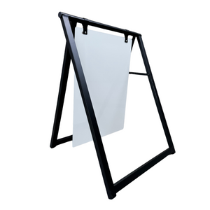 A black metal A-frame sign with a white magnetic board