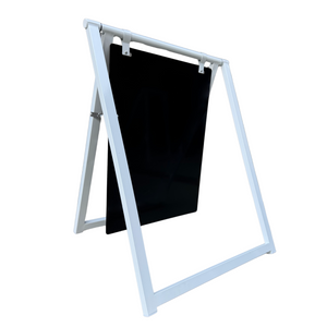 A white metal A-frame sign with a black 18x24 chalkboard 