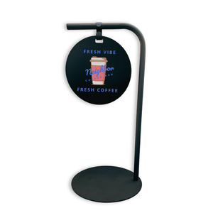 Modern Black stand with circular sign featuring coffee-themed design on a white background